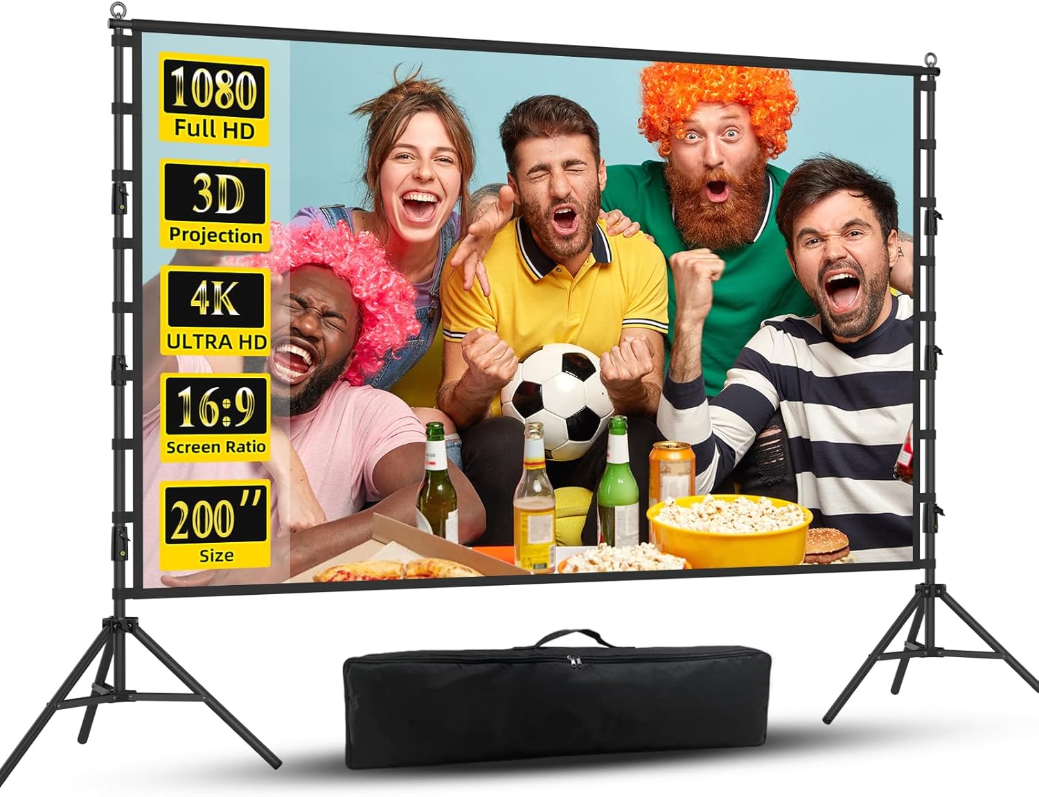 Projector Screen with Stand, Wootfairy 200 inch Portable and Foldable Projection Screen 4K HD 16:9 Rear Front Wrinkle-Free Movie Screen with Carry Bag for Indoor Outdoor Home Theater Backyard Cinema